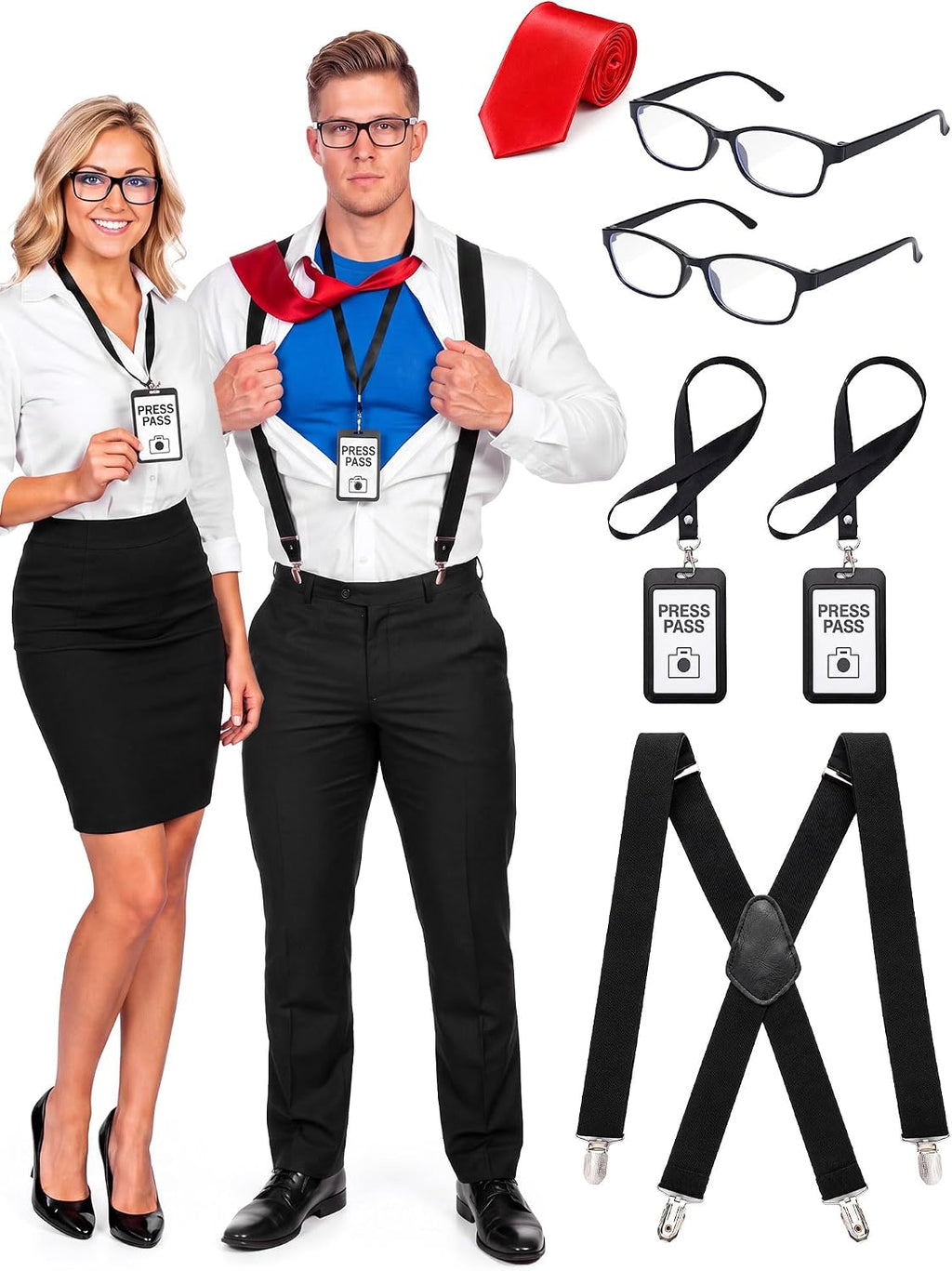 6 Pcs Halloween Reporter Nerd Couple Costume Accessories Set