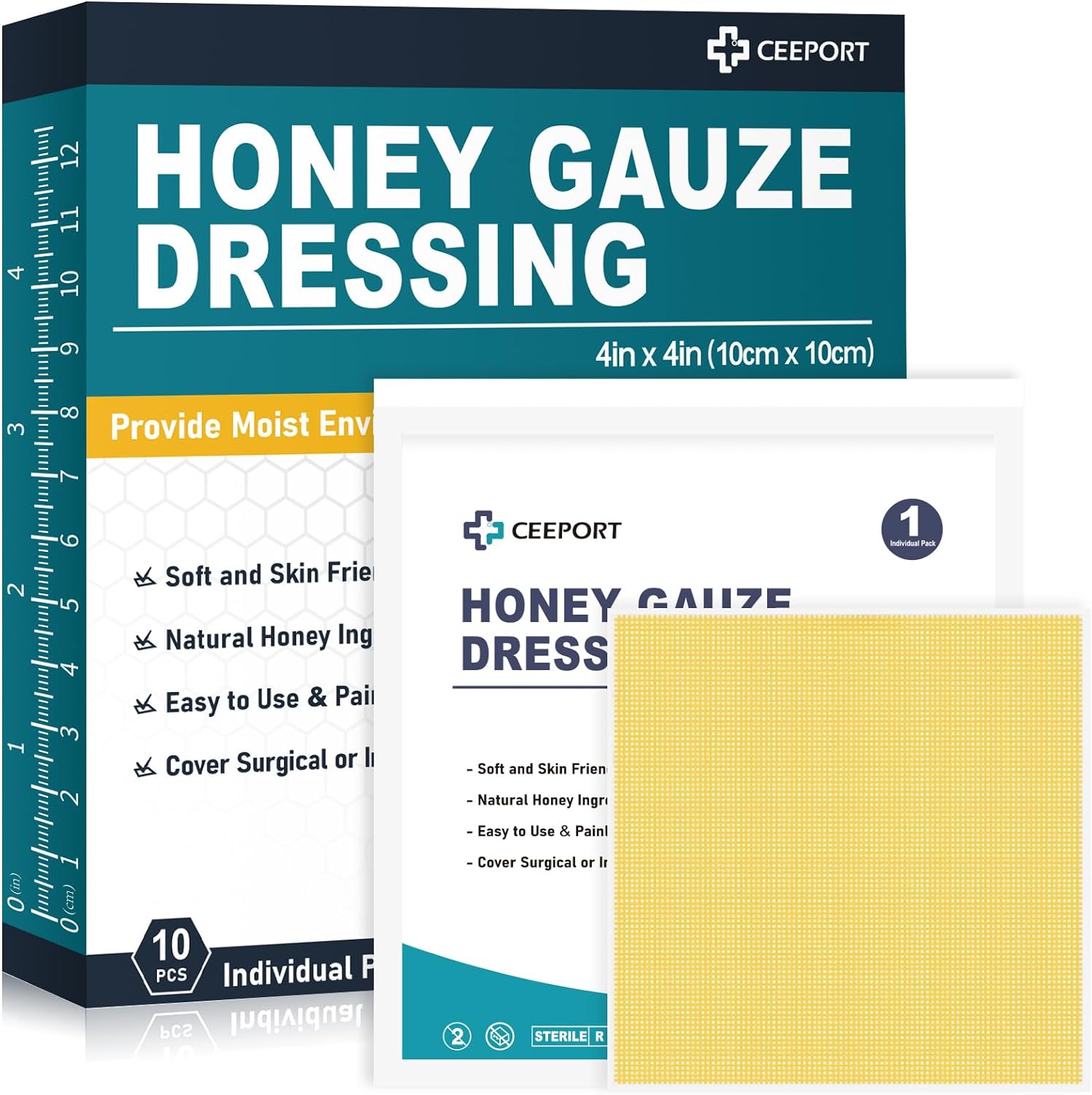 Honey Gauze Wound Dressing, 4" x 4" Manuka Honey Wound Care, Medical Grade Honey Bandages for Wound Care, Honey Patch