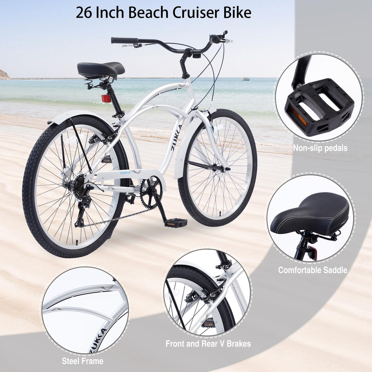 26 Inch Men's Beach Cruiser Bike Commuter Bicycle for Adult Men and Women with Dual V-Brake and Adjustable Seat, 7