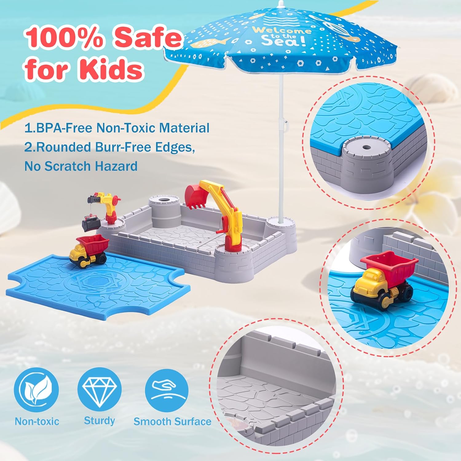 Kids Excavator Sandbox with Umbrella & Cover, Construction Sandbox Set with Beach Toys & Dump Truck, Outdoor