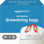 Tall Kitchen Drawstring Trash Bags, Sturdy, 13 Gallon, Unscented, 200 Count