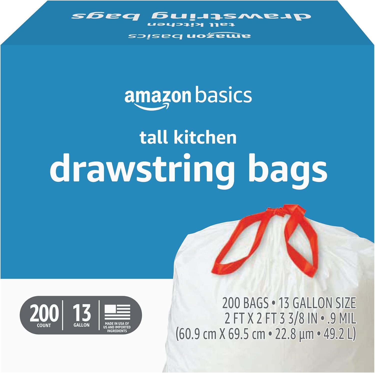 Tall Kitchen Drawstring Trash Bags, Sturdy, 13 Gallon, Unscented, 200 Count