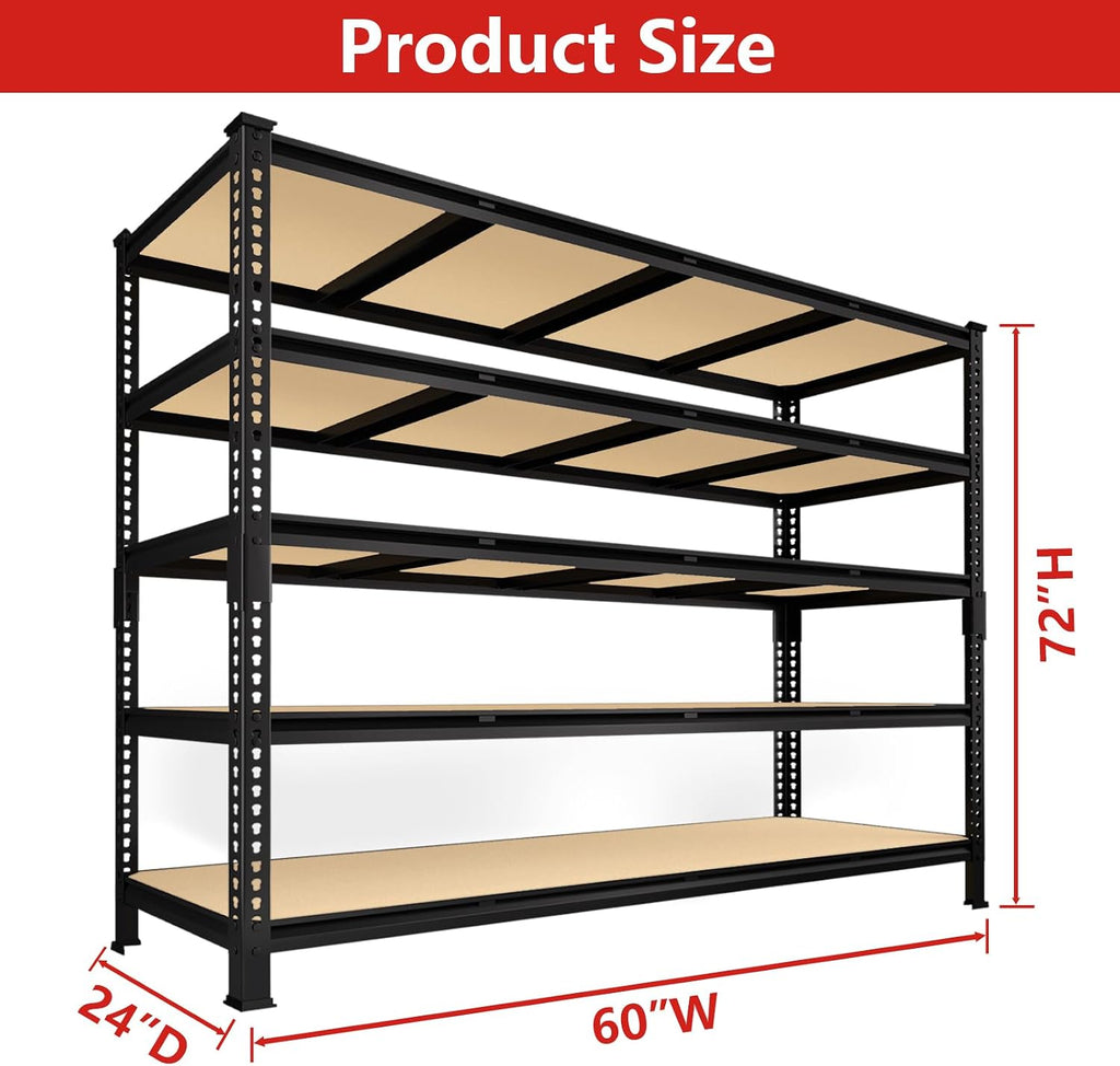 60" W X 24" D X 72" H Heavy Duty Garage Storage Shelves - Adjustable Metal Shelving Unit, 5 Tier Industrial Shelves