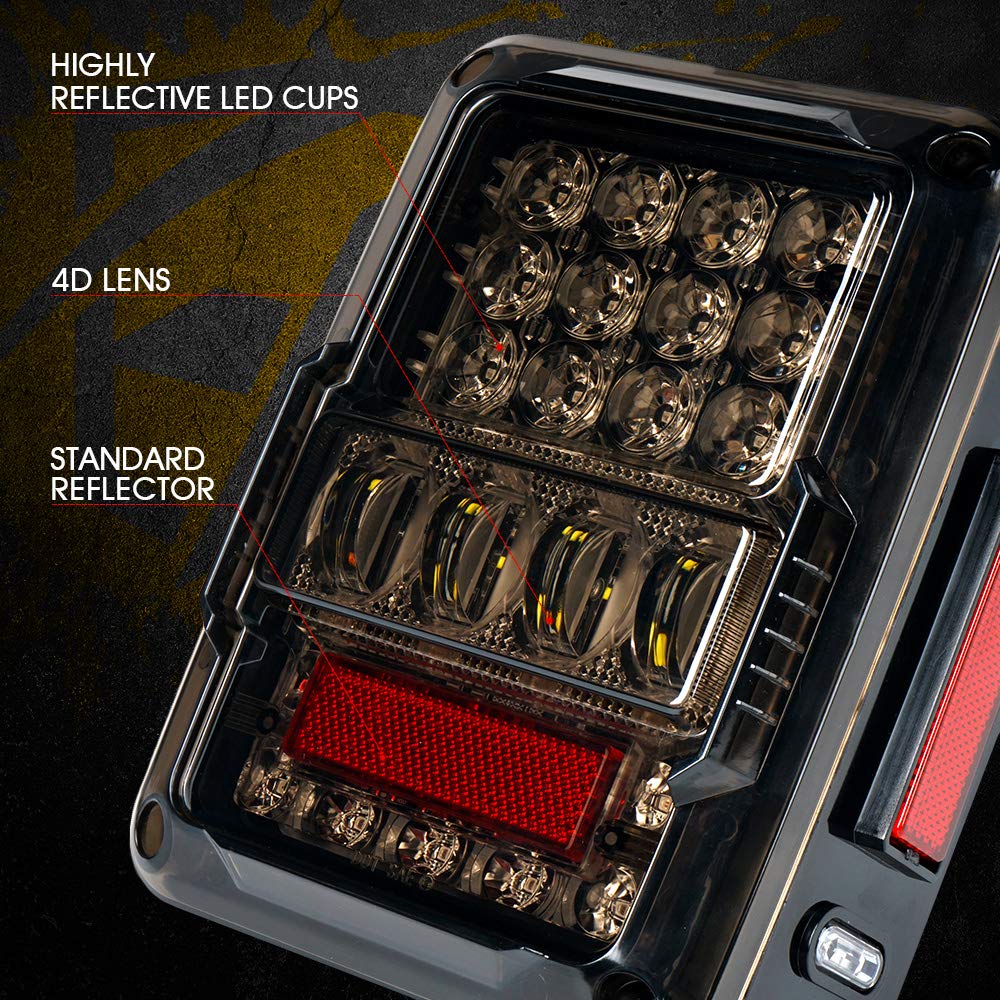 4D Smoked LED Tail Lights Compatible with 2007-2018 Jeep Wrangler JK