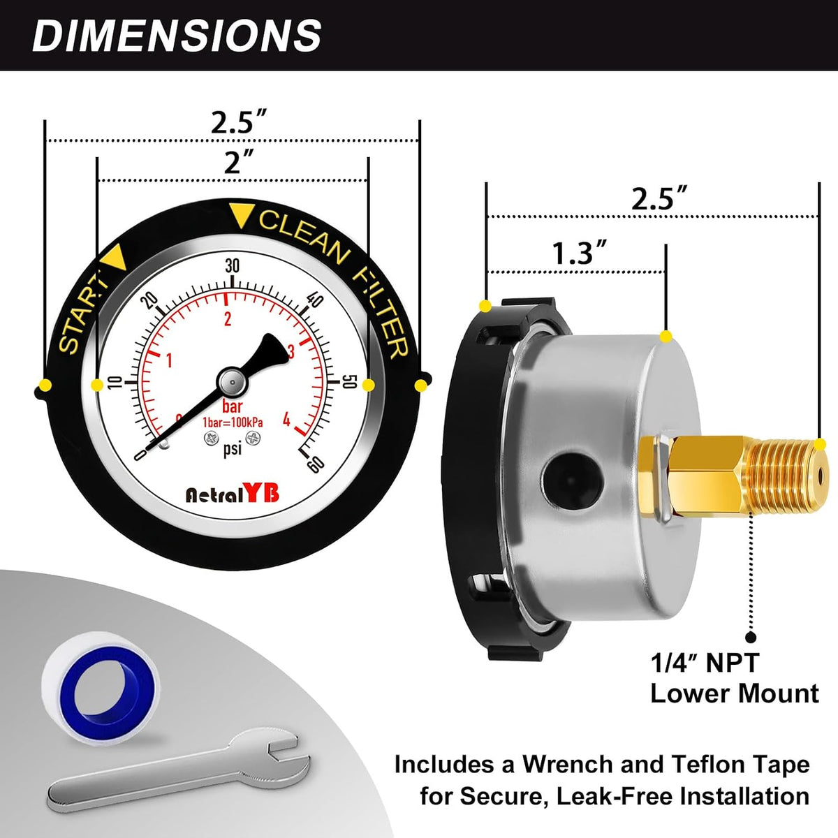 60Psi Pool Filter Pressure Gauge, IP67 Waterproof,2" Dial,1/4NPT