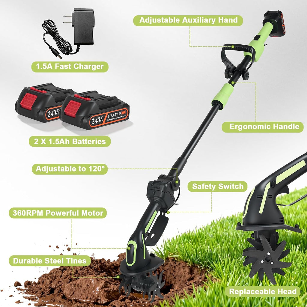 21V Cordless Tiller Cultivator, 2-in-1 Electric Garden Tiller with 2×1.5Ah Batteries, 550W Hand Tiller, 100mm Tilling