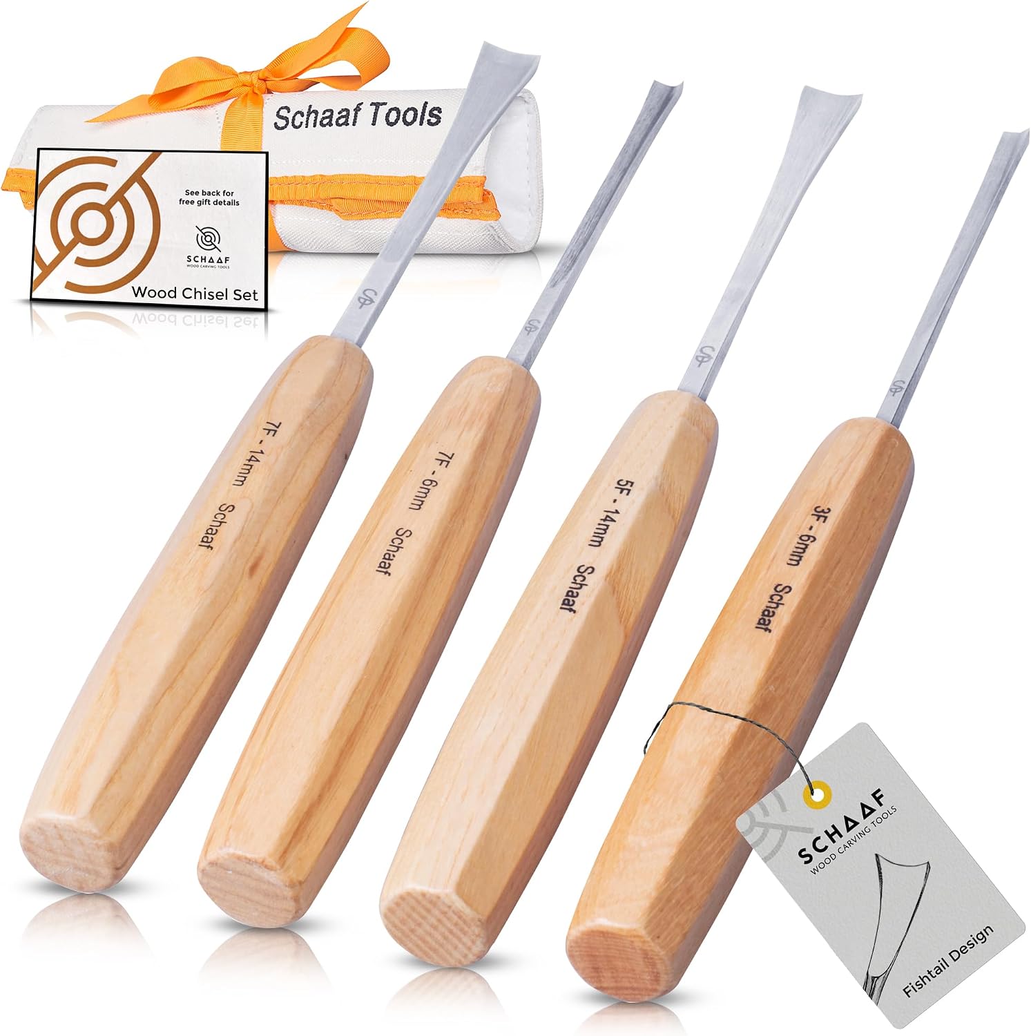 4-pc Wood Chisel Set, Fishtail Gouges, Cr-V 60 | Detail carving chisels for sculpture and relief carving, ergonomic
