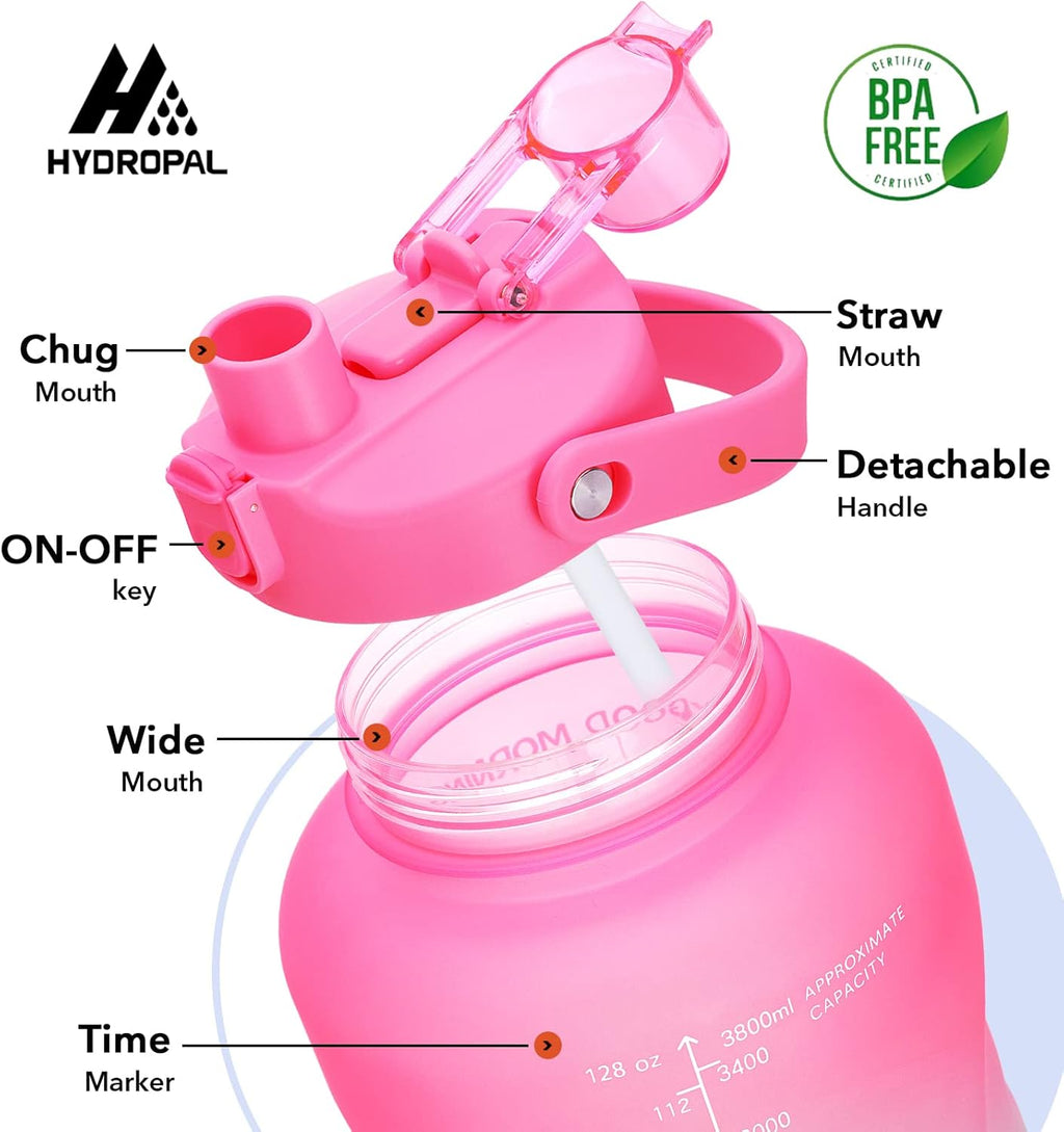 1 Gallon Water Bottles with Straw, 128 oz Water Bottle BPA Free Innovative 2-IN-1 Lid Gym Bottle with Times to Drink