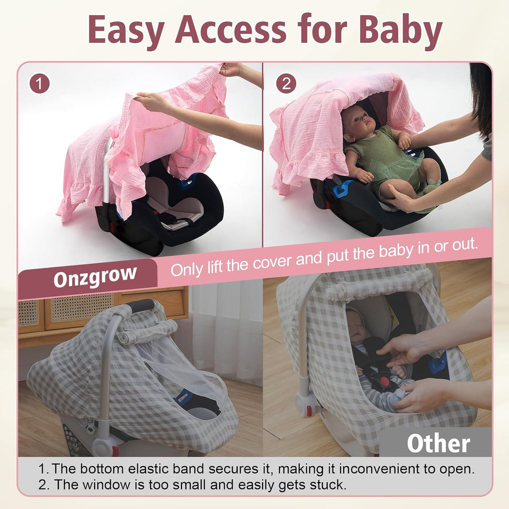 Car Seat Cover Baby Girls, Muslin Infant Car Seat Cover with Detachable Bow, Handmade Baby Carrier Cover with Mesh