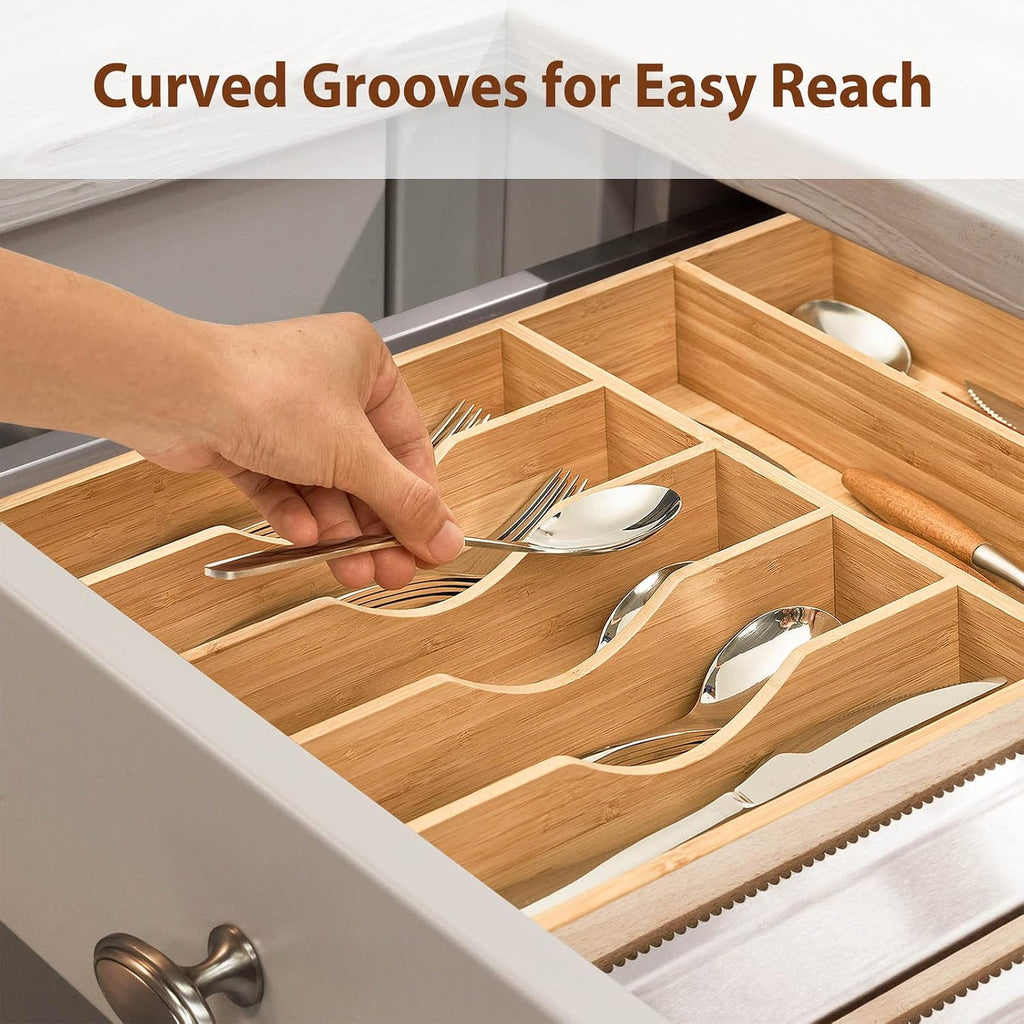 Bamboo Kitchen Drawer Organizer, 13 Inch Silverware Utensil Tray Holder, Extra Deep Grooved Drawer Divider, 7 Slots
