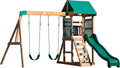 Buckley Hill Cedar Wood Swing Set with Wave Slide, Play Deck, Rock Wall Ladder, Belt Swings, Chalkboard, Canopy Roof