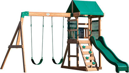 Buckley Hill Cedar Wood Swing Set with Wave Slide, Play Deck, Rock Wall Ladder, Belt Swings, Chalkboard, Canopy Roof