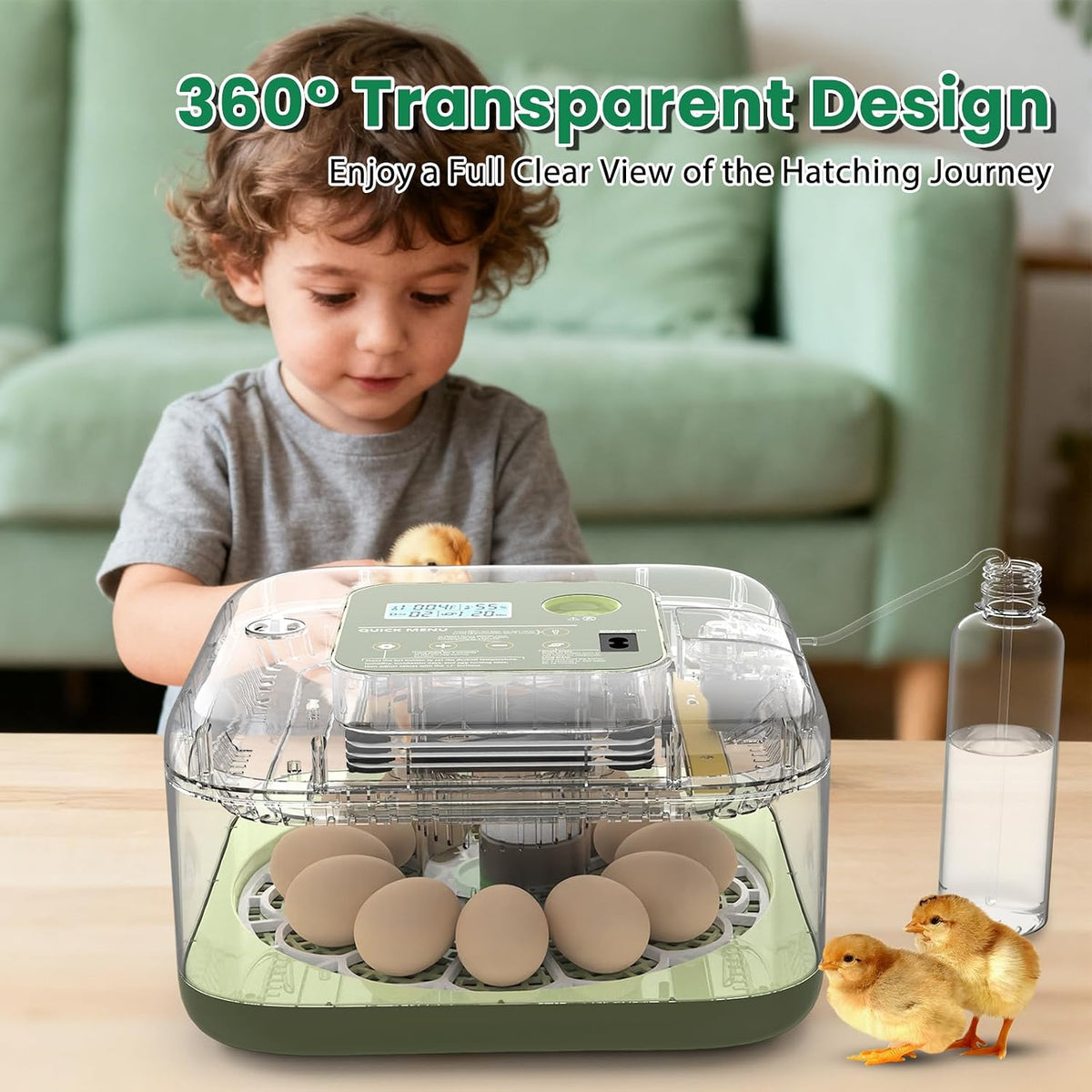12 Egg Incubator with Humidity Display & Built-in Candler, Automatic Turner, Temp & Humidity Control, Auto Water