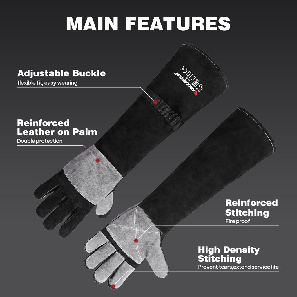 24 Inches Leather Welding Gloves, Bite Protection, Black-Grey
