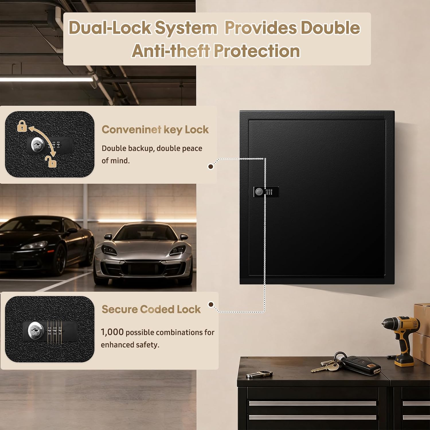 Lock Key Cabinet with Storage: 131-Keys Steel Wall Mount Key Cabinet Organizer - Large Storage and Secure Combination