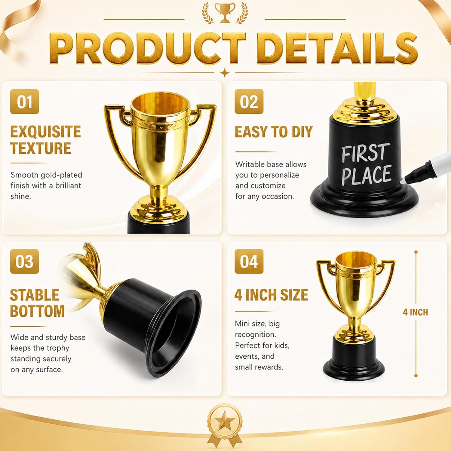 Mini Trophies, 4 Inch Mini Gold Award Trophy Cup, Plastic Gold Award Trophy Cups, Golden Award Trophy Cups Set for