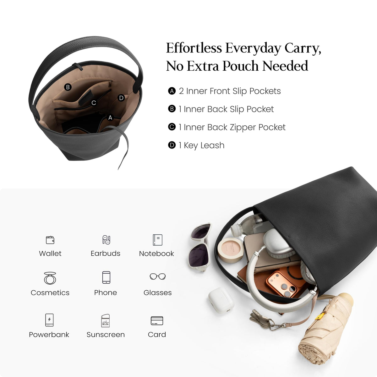 Black Leather Bucket Bag for Women, Pebbled Cowhide Shoulder Purse