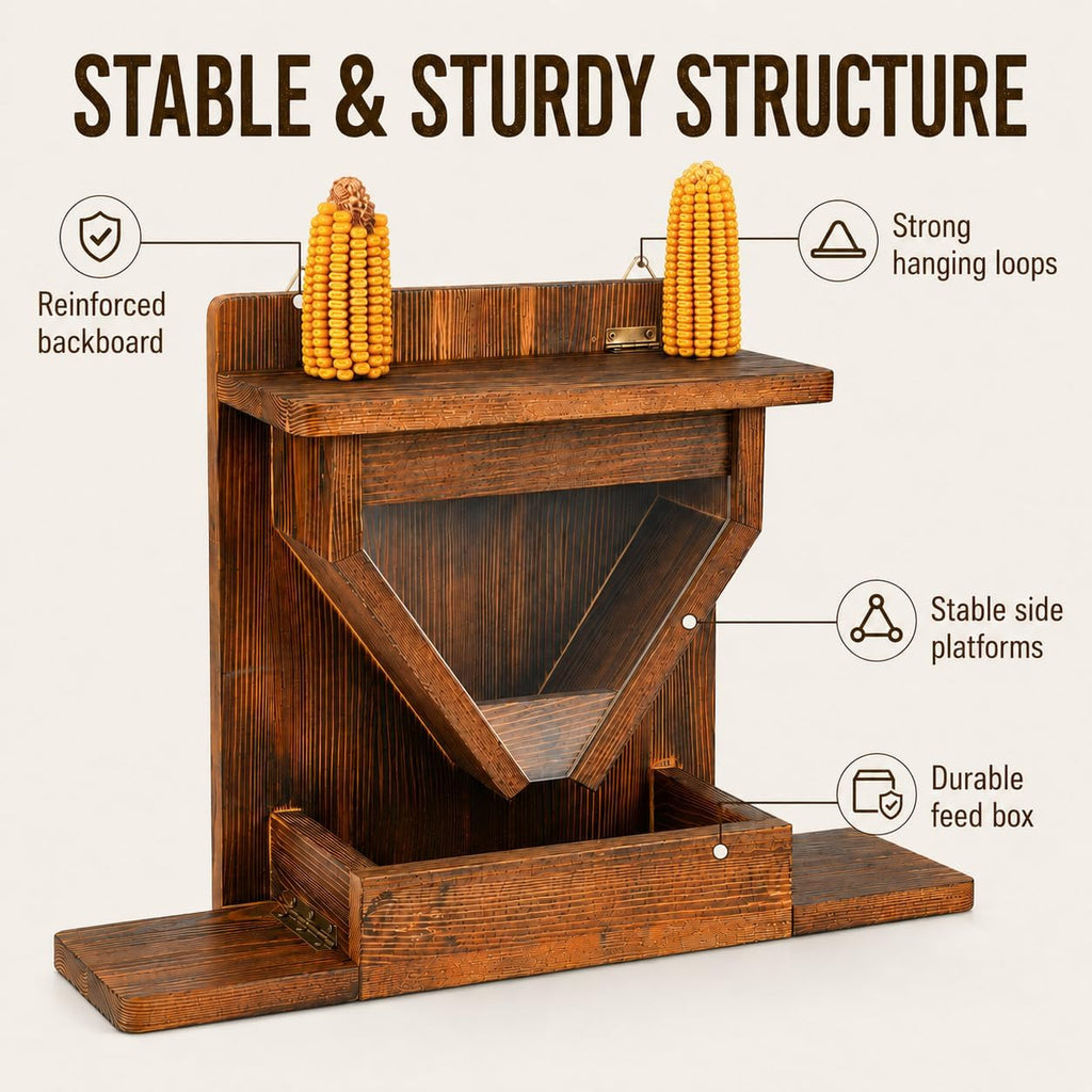 Large Wooden Squirrel Feeder Box for Outside, Window, Corn Holder, Platform