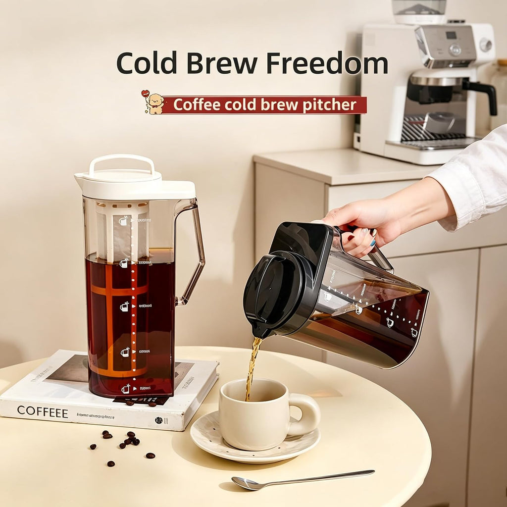 Cold Brew Coffee Maker, Pitcher Heat Resistant with 180° Rotatable Lid, Fine Mesh Filter, Dual Handles & Clear Scale