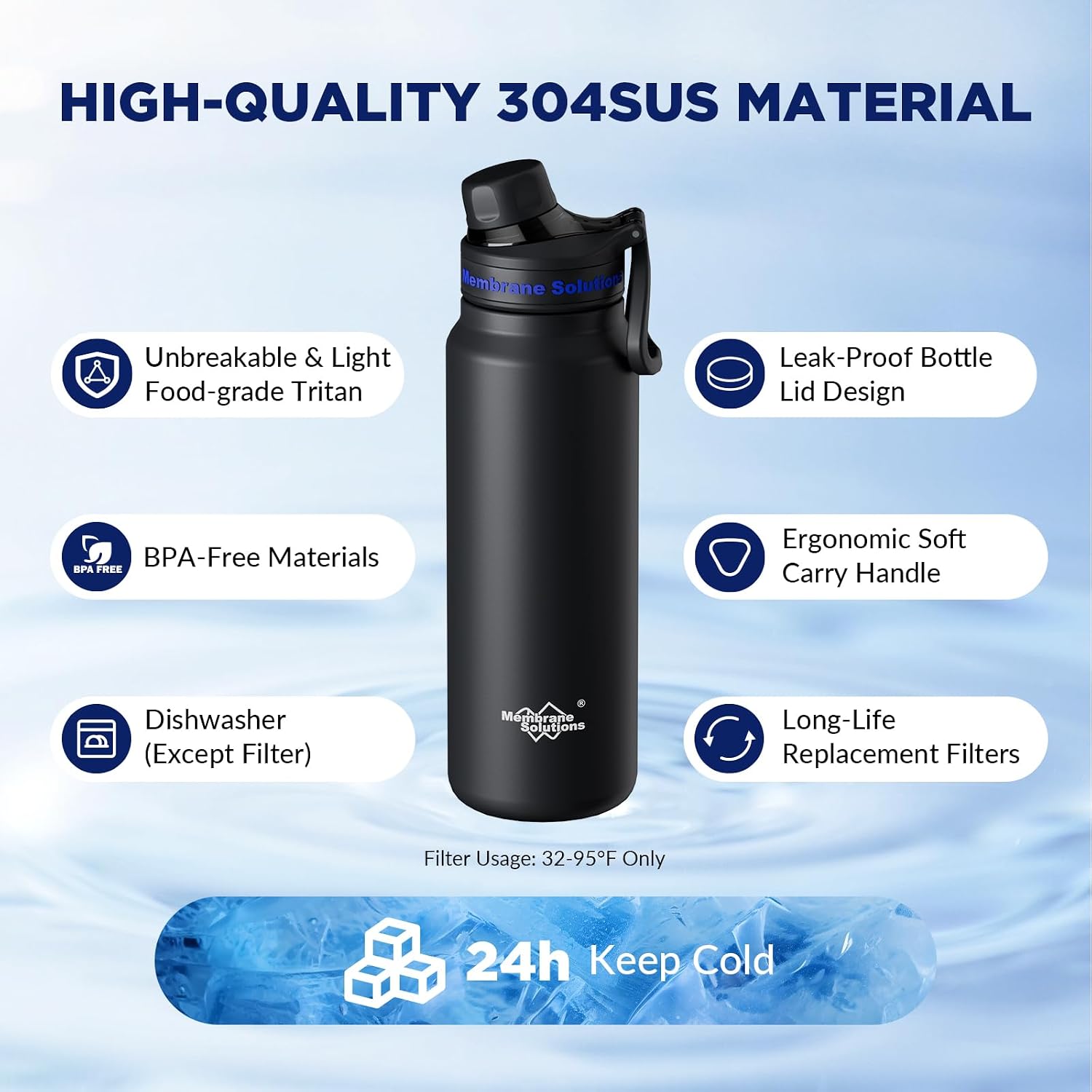 C3 Filtered Water Bottle, 32oz Stainless Steel Water Bottle with Replaceable UF+ACF Filter Cartridge, Portable Water