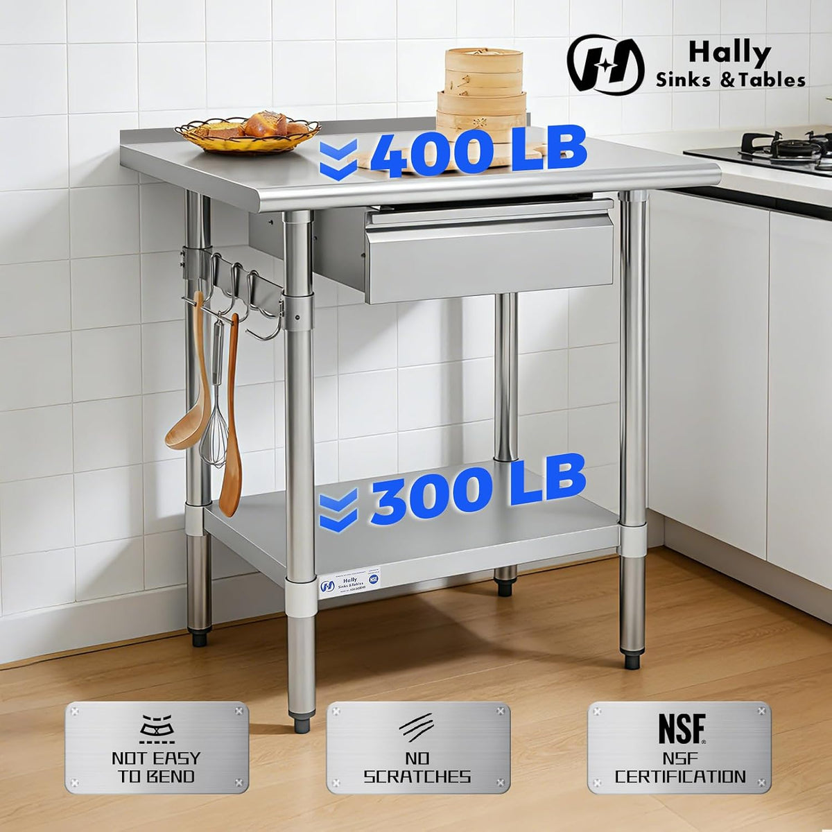 Hally 24"x30" Stainless Steel Prep Table Commercial Work Table Backsplash