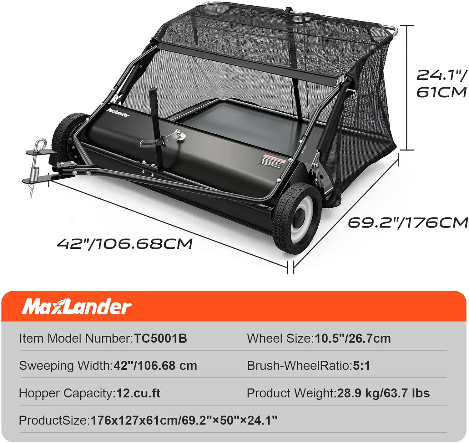 42-Inch Tow Behind Yard Sweeper for Lawn Tractor, 12 Cu.Ft. Large Capacity Leaf & Grass Collector with Adjustable