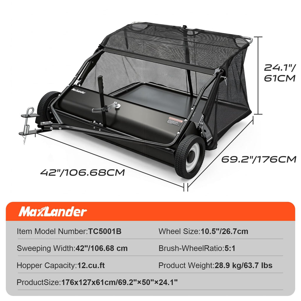 42-Inch Tow Behind Lawn Sweeper, 12 Cu.Ft. Hopper Grass & Leaf Collector, Pull Behind Yard Sweeper with Adjustable