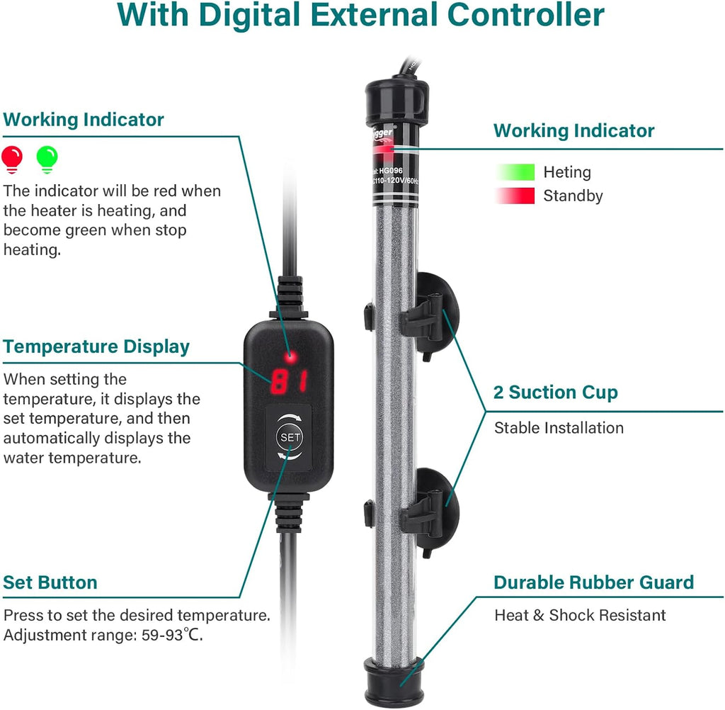 Submersible Aquarium Heater, 100W 150W 200W 300W Adjustable Fish Tahk Heater with Temperature Controller, LED
