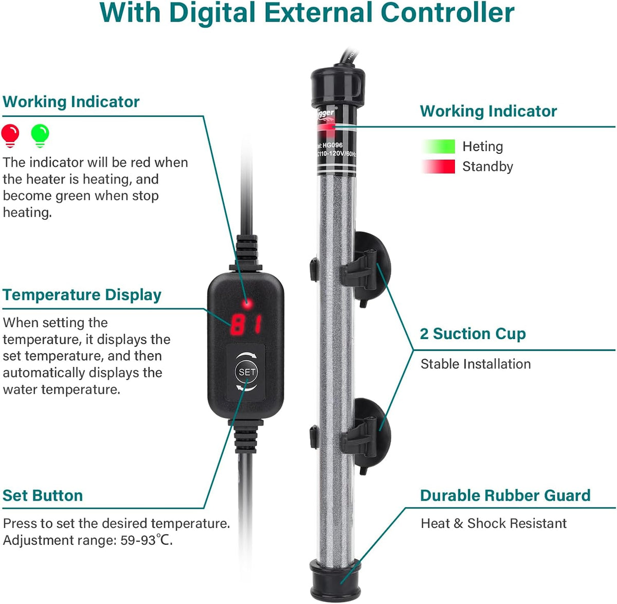 Submersible Aquarium Heater, 100W 150W 200W 300W Adjustable Fish Tahk Heater with Temperature Controller, LED