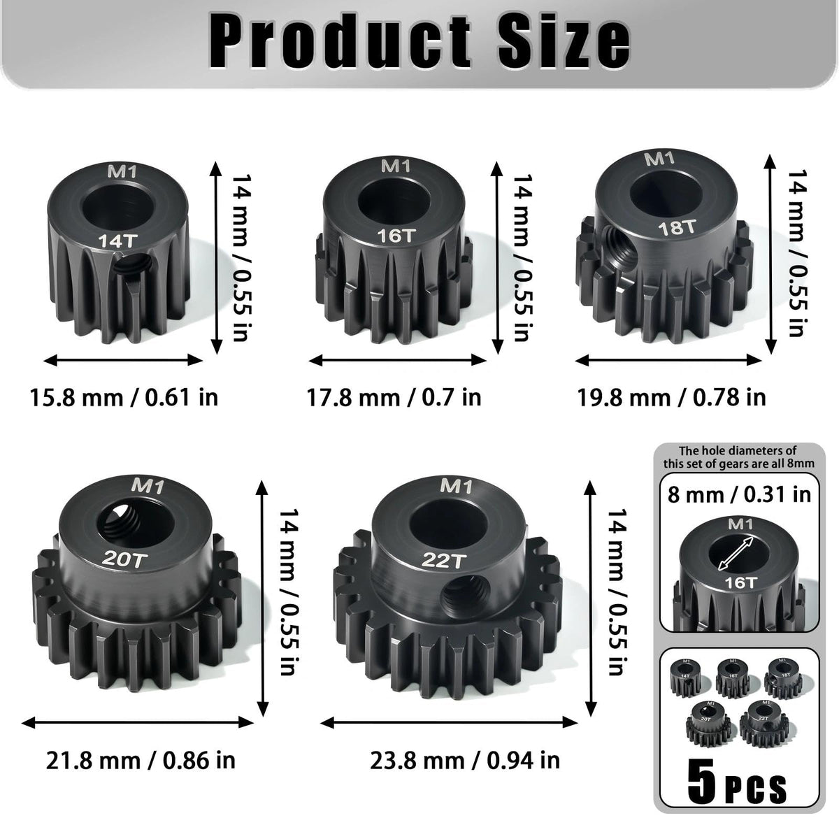 5Pcs M1 Steel Pinion Gear Set 14T 16T 18T 20T 22T, 8mm Bore