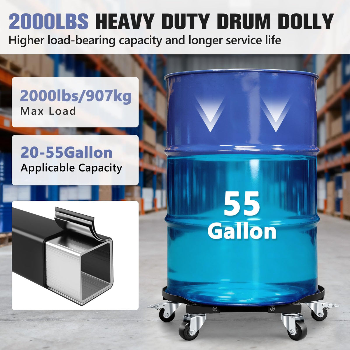 55 Gallon Drum Dolly, Anti-Tip 6-Wheel Barrel Dolly, 2000Pound