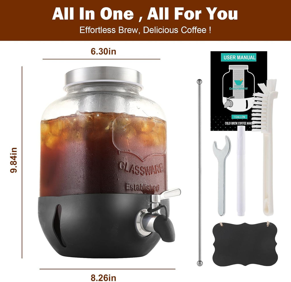 Cold Brew Coffee Maker, 1 Gallon Iced Coffee Maker With Stainless Steel Filter, Heavy Duty Glass Cold Brew Pitcher