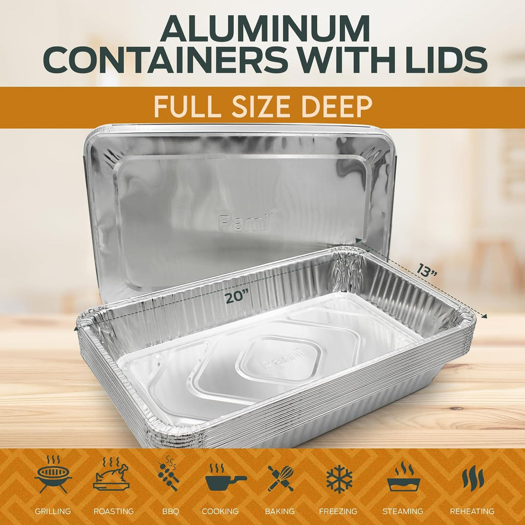 Aluminum Pans with Foil Lids 20x13 in,Full Size,Deep,Oven Safe,10-Pack
