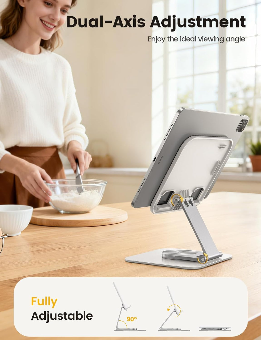 Adjustable iPad Stand for Desk, Ultra-Slim Foldable, 360° Rotation