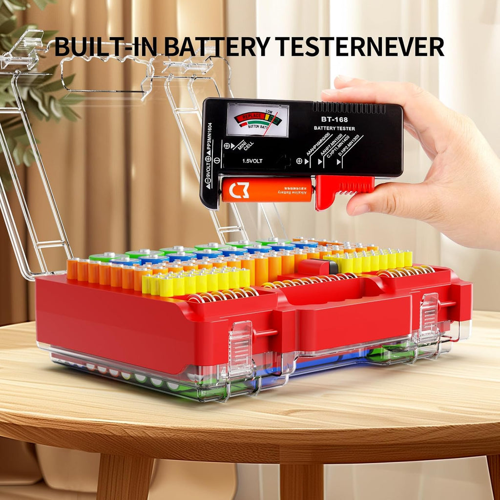 Battery Organizer Box with Tester, Storage Case Holds 260 Batteries, Double Clear Locking Lid for AA AAA C D 9V - Red