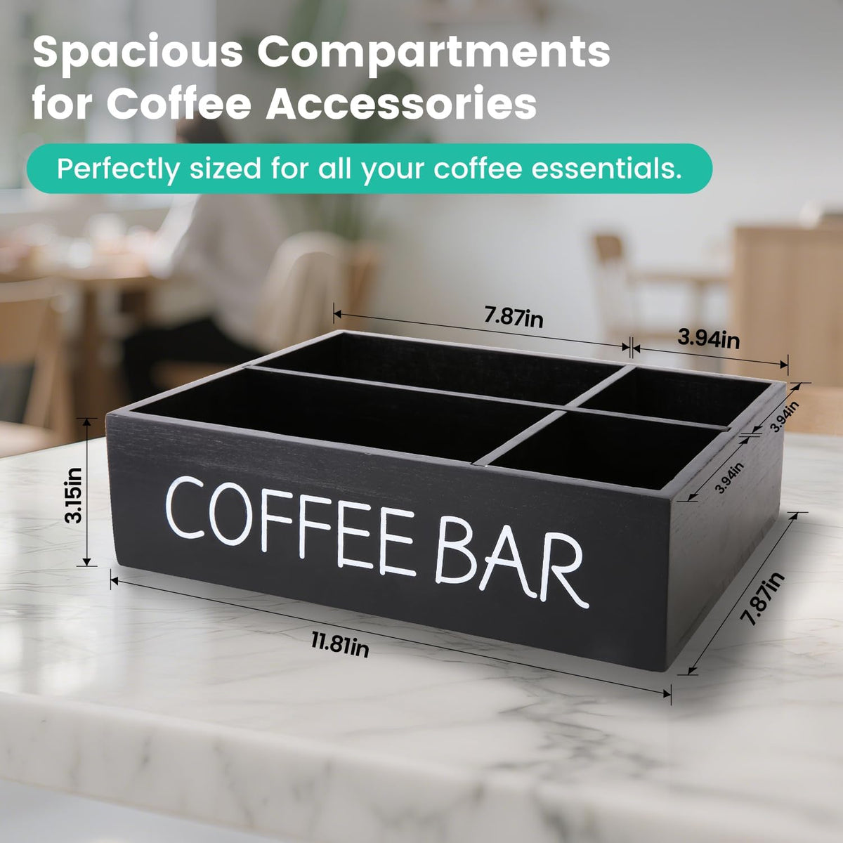 Coffee Bar Organizer – Wooden Coffee Station with 4 Compartments, Removable Dividers, and Condiment Storage for Home