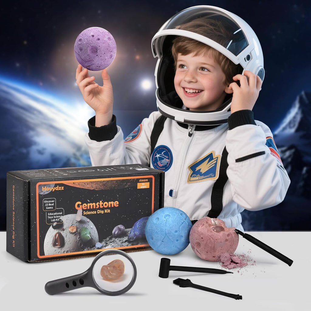 Gemstones Dig Kit, Science Kit for Kids, Dig up 15 Real Gems & Explore Solar System, STEM Educational Mining Space