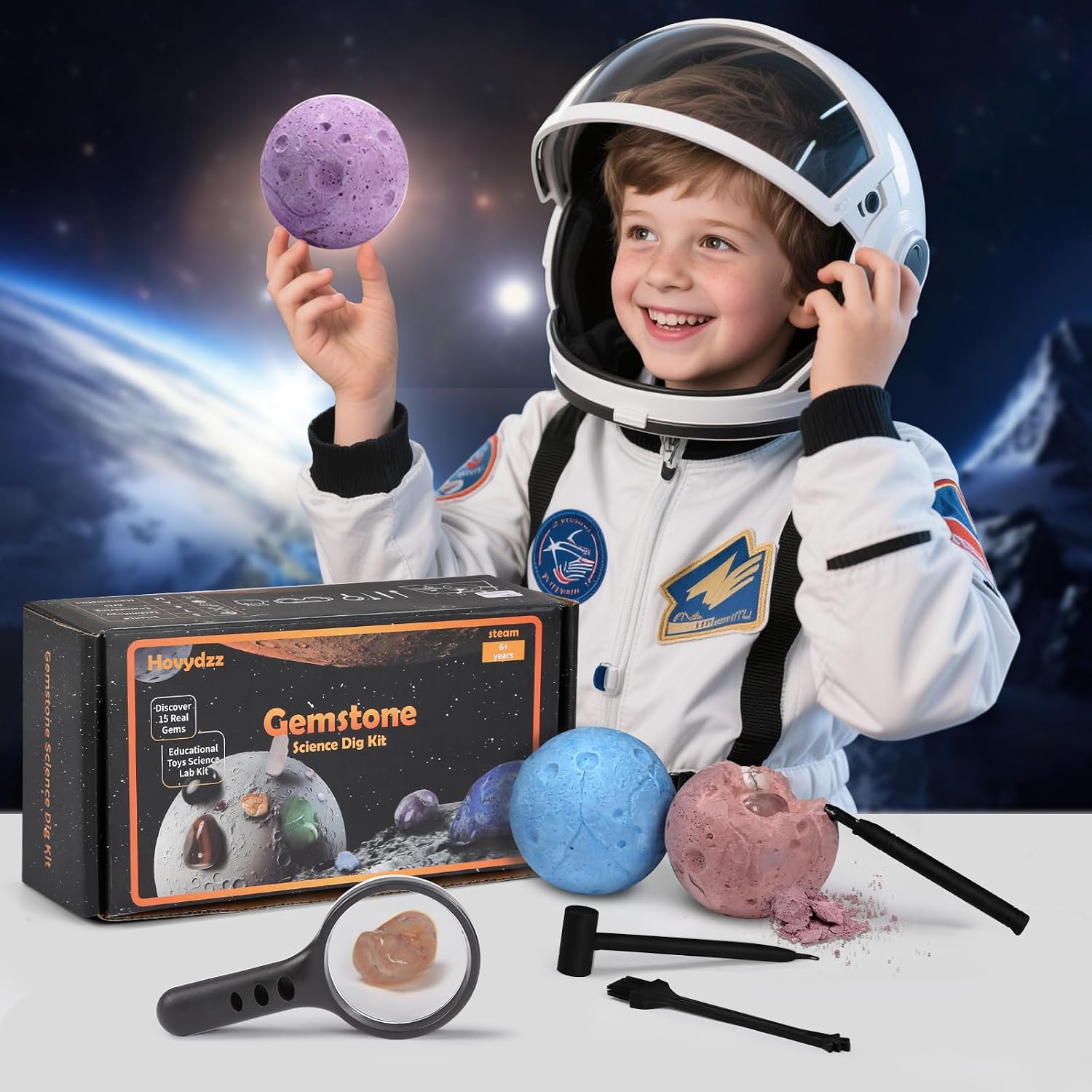 Gemstones Dig Kit, Science Kit for Kids, Dig up 15 Real Gems & Explore Solar System, STEM Educational Mining Space