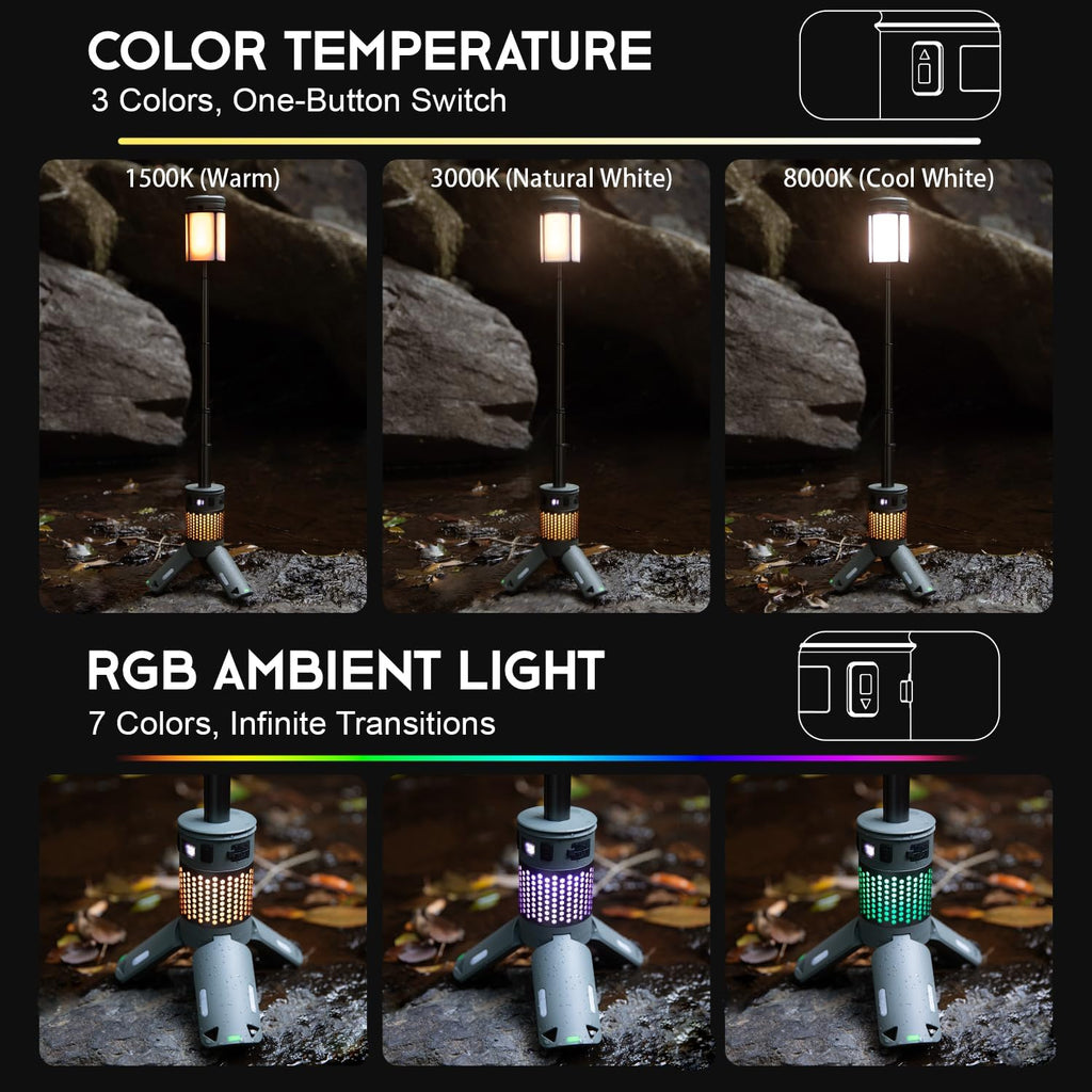 Telescopic Camping Lights with Stand, 40H Playtime, Magnetic Base | 12000mAh Portable Flashlight, RGB Ambient
