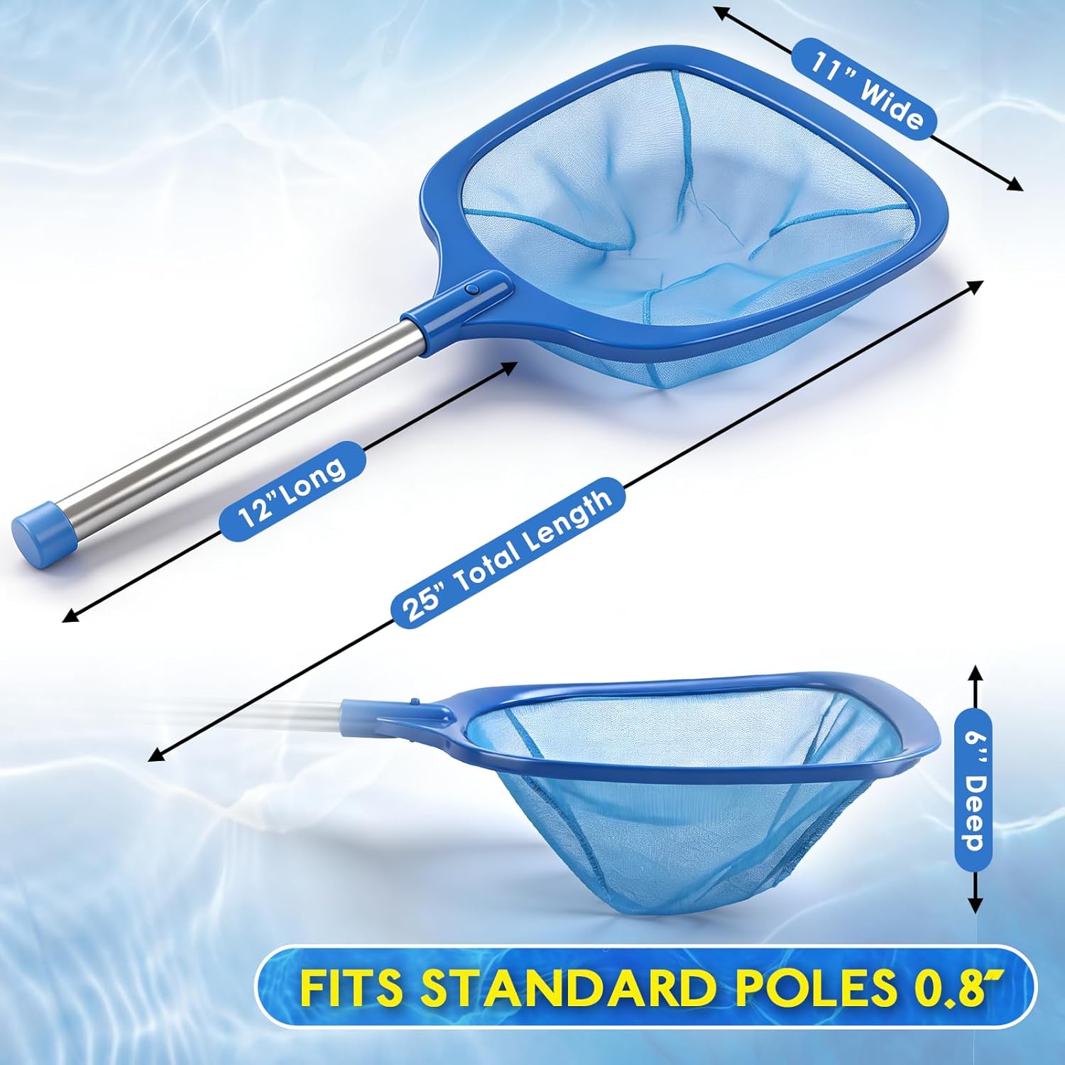 Hot Tub Pool Skimmer Spa Net with 12'' Aluminum Pole 11" x25" Blue Mesh, 6-Inch Deep for Small Above Ground Pools
