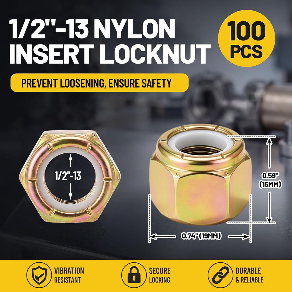 Hicarer 100 Pcs 1/2''-13 Grade 8 Lock Nut, Nylon Insert Locknut