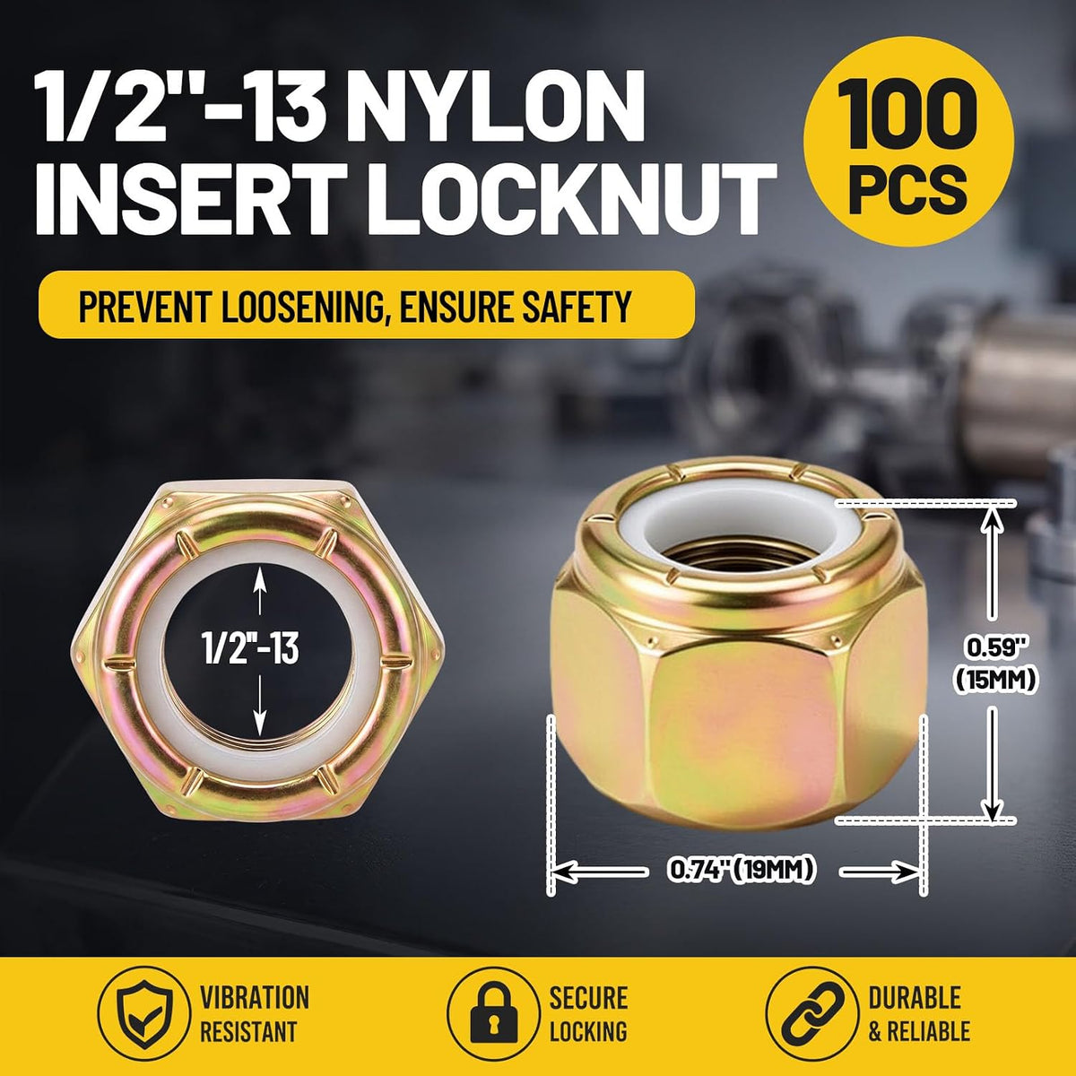 Hicarer 100 Pcs 1/2''-13 Grade 8 Lock Nut, Nylon Insert Locknut
