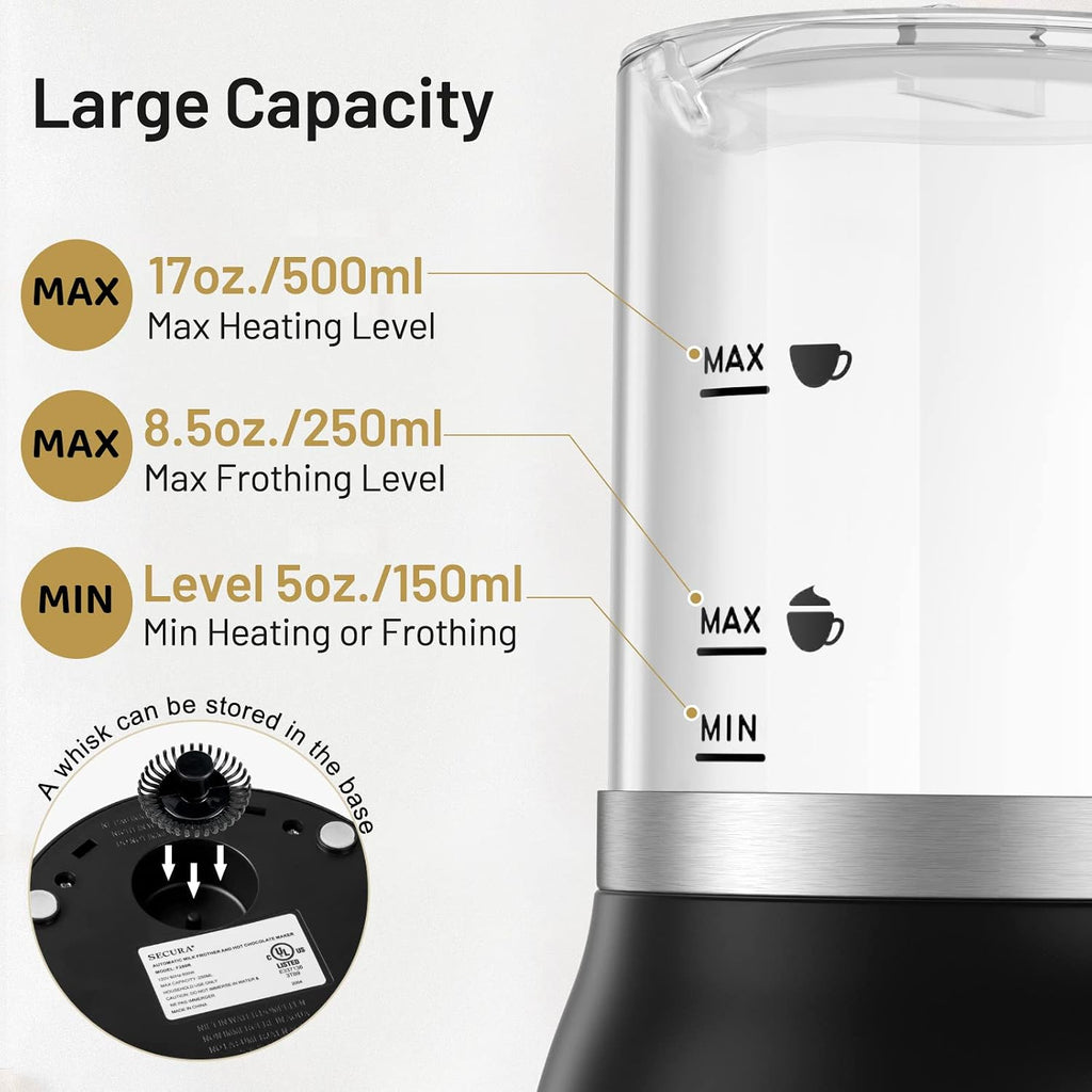 17oz 4-in-1 Electric Milk Frother and Steamer with Glass Jug, Hot/Cold Foam Maker for Latte, Cappuccino, Macchiato &