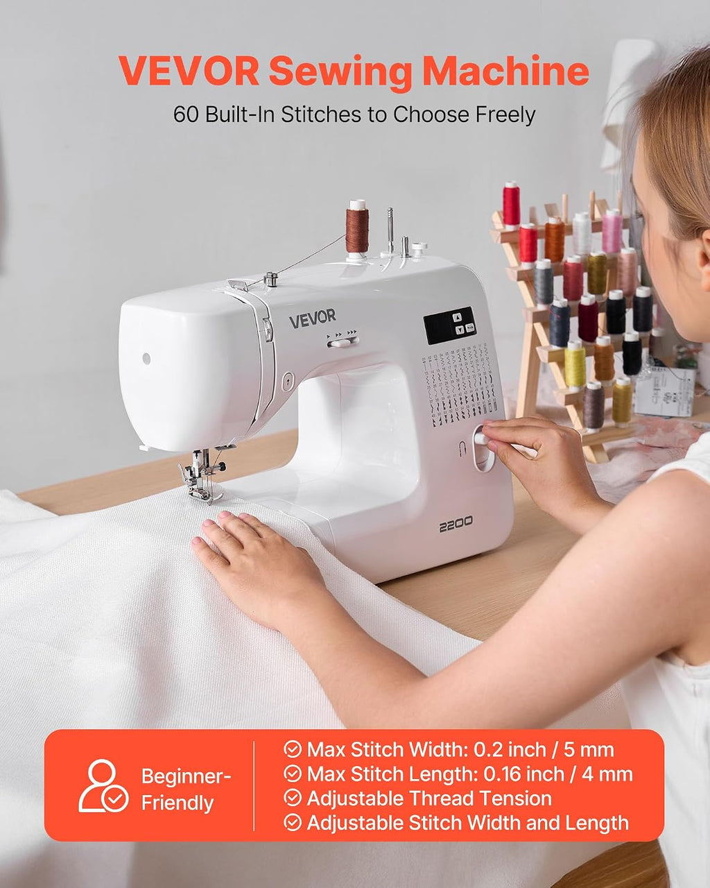 Computerized Sewing Machine, 60 Stitch Applications, with LED Screen, Foot Pedal and LED Light, Heavy-Duty Metal