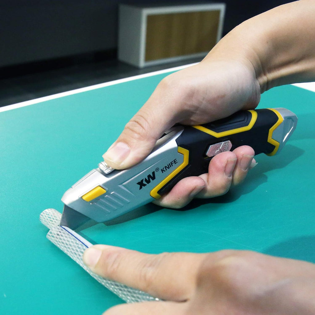 Auto Loading Utility Knife, 3-Position Retractable Box Cutter with 5 Pre-loaded Blades, Bonus 10 Blades Included