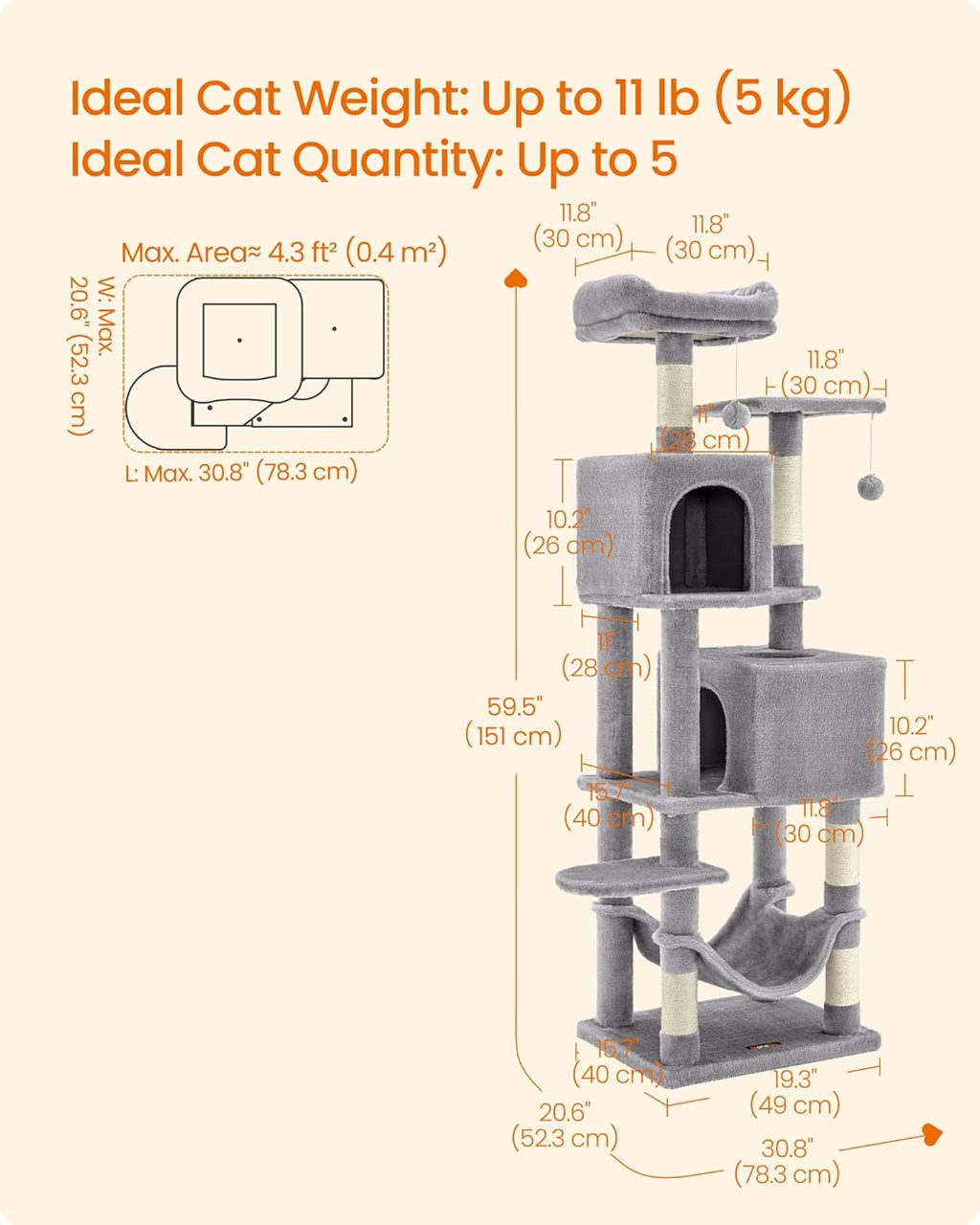 Cat Tree, 59.5-Inch Tall Cat Tower, Plush Multi-Level Condo with 5 Scratching Posts, 2 Perches, 2 Caves, Hammock, 2