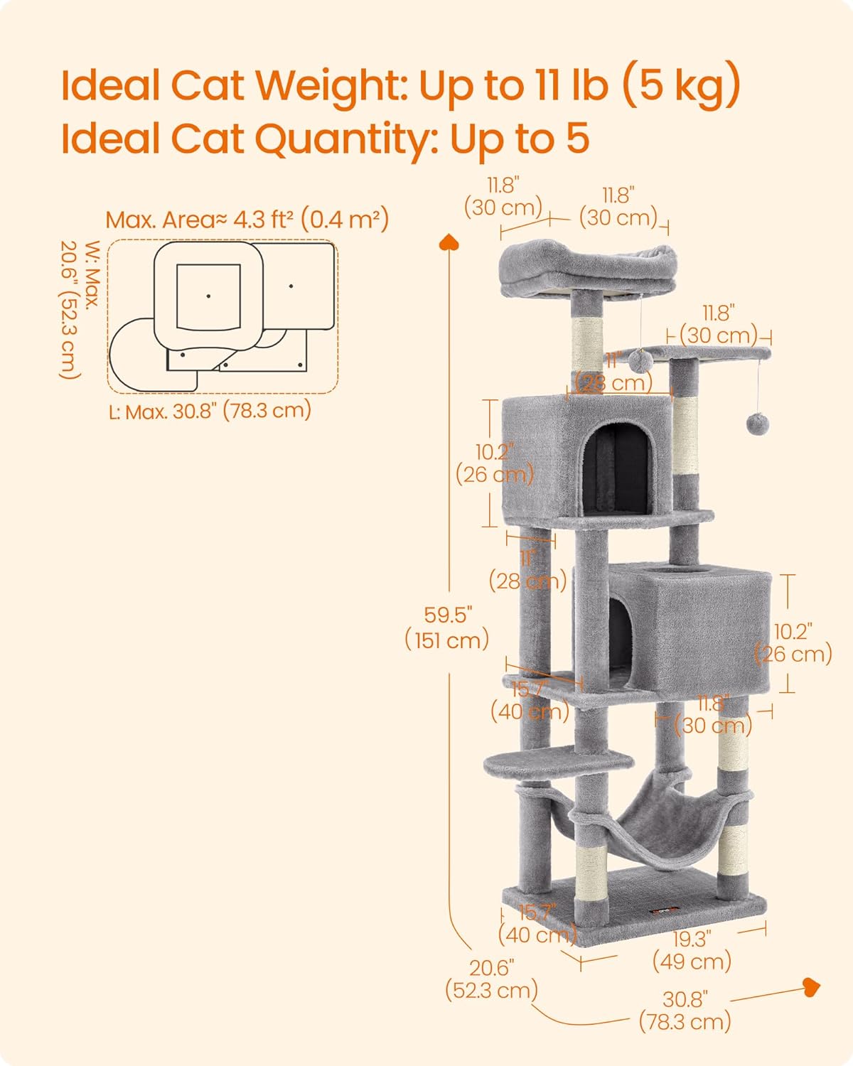 Cat Tree, 59.5-Inch Tall Cat Tower, Plush Multi-Level Condo with 5 Scratching Posts, 2 Perches, 2 Caves, Hammock, 2