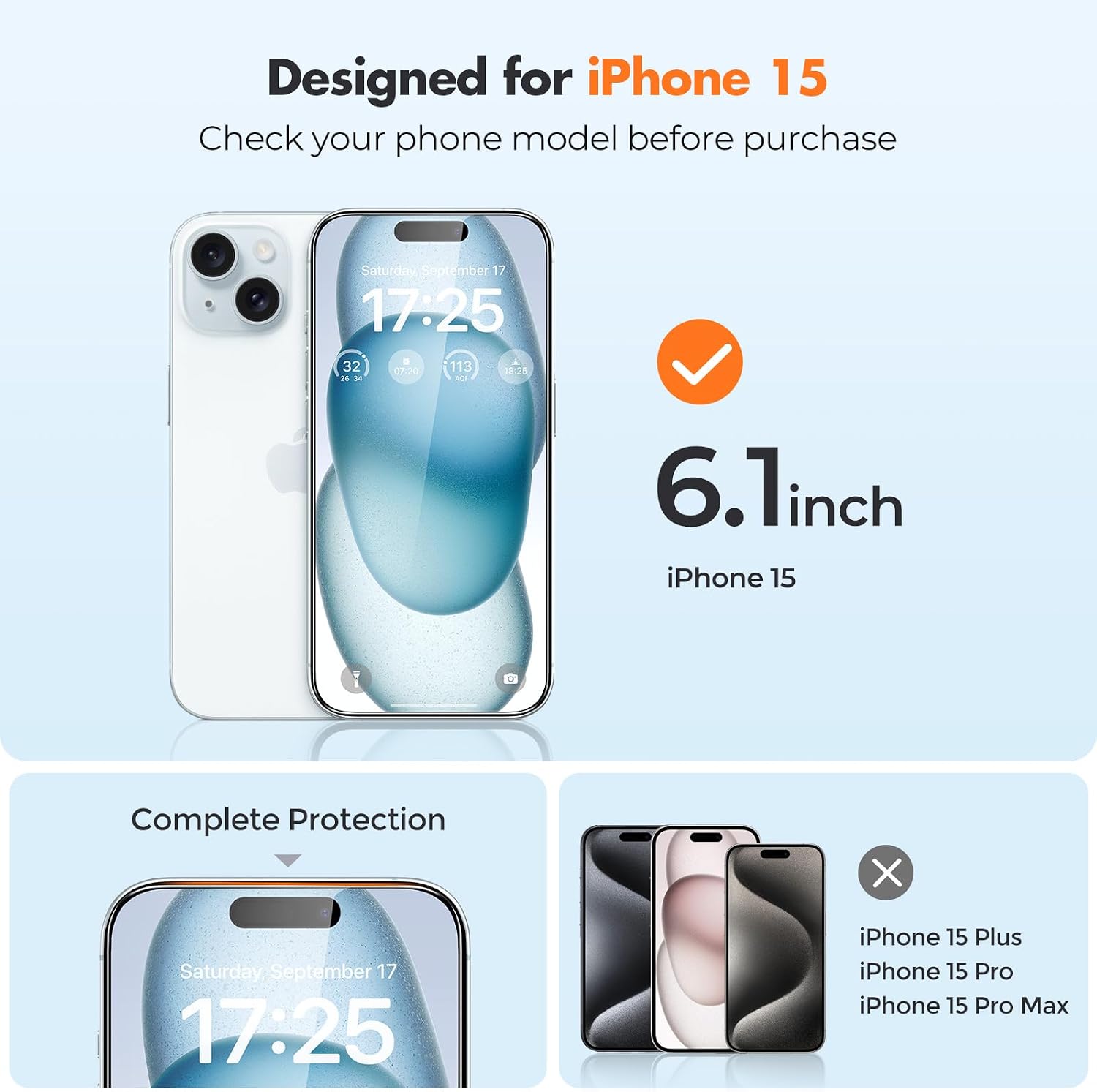 3-Pack Screen Protector for iPhone 15, Double Shatterproof Tempered Glass [Easy Installation Frame] [9H Hardness]