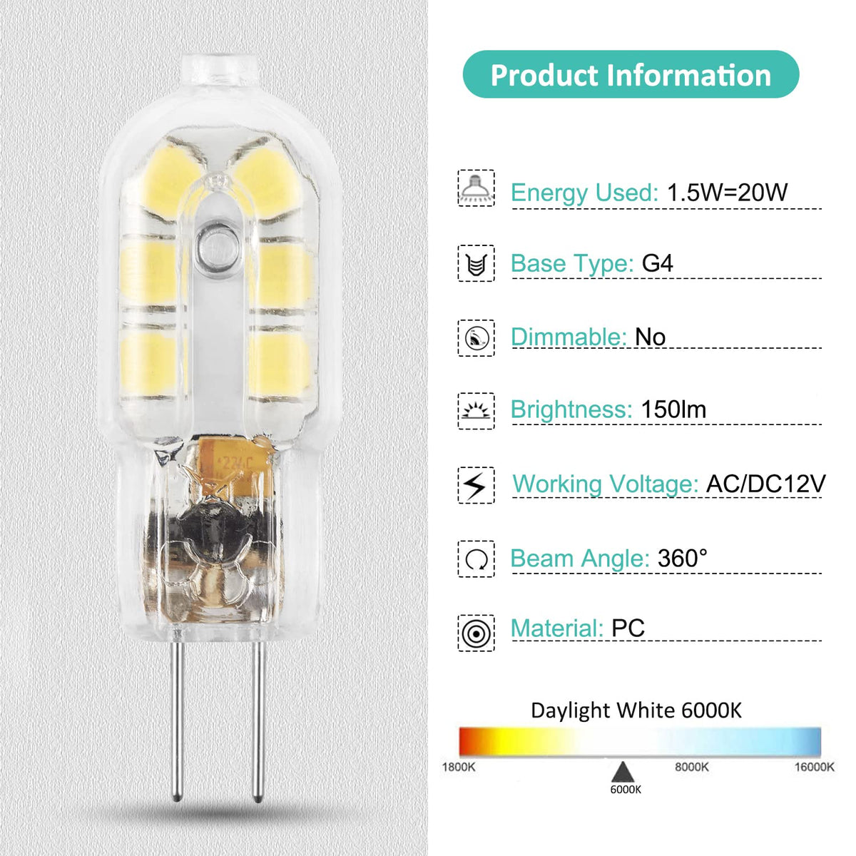 G4 LED Bulb, 12V Bi Pin, 20W Halogen Bulb Replacement 6000K
