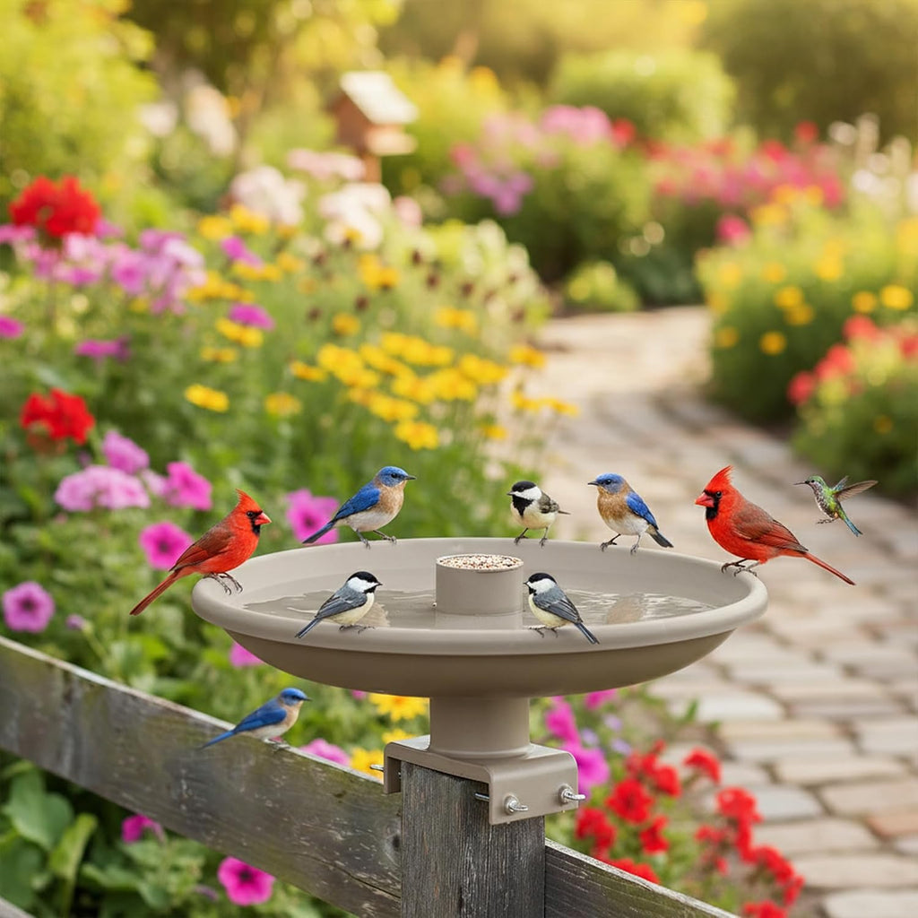 Heated Outdoor Plastic Birdbath, 150 Watts, Deck Mount, Tan